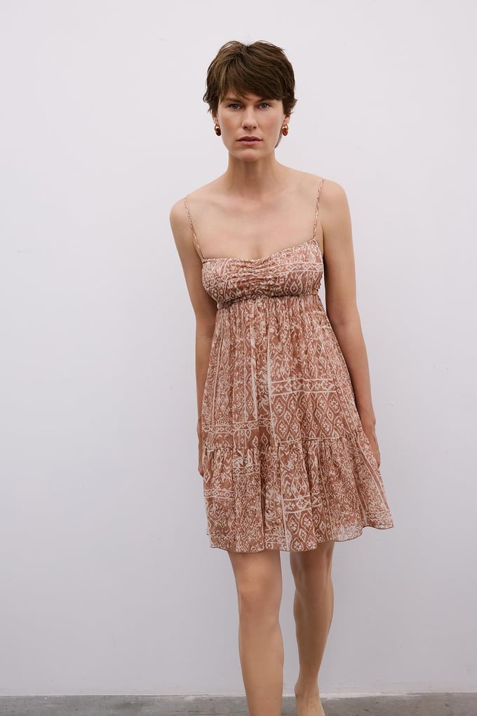 Patterned Backless Mini Camel Dress