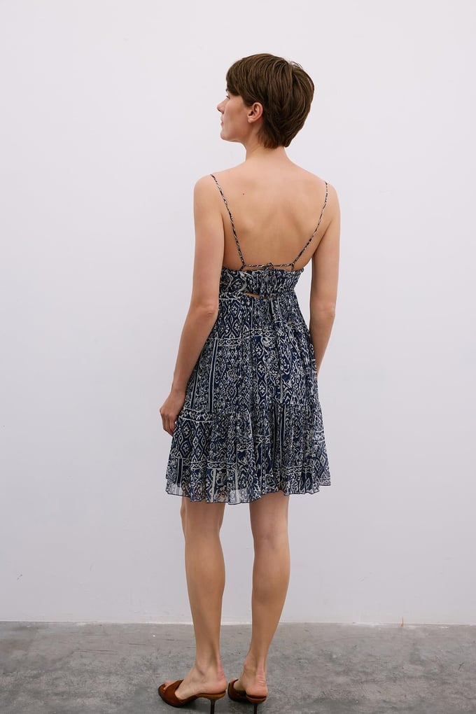 Patterned Backless Mini Navy Dress