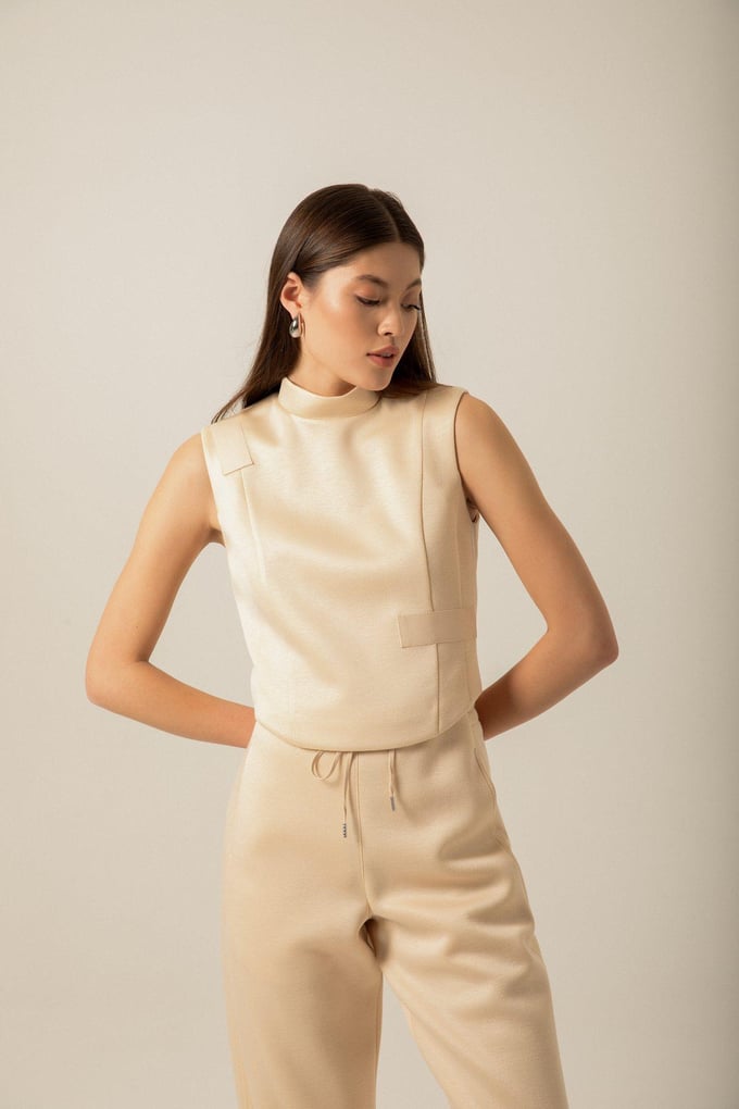 High Neck Knit Ecru Blouse