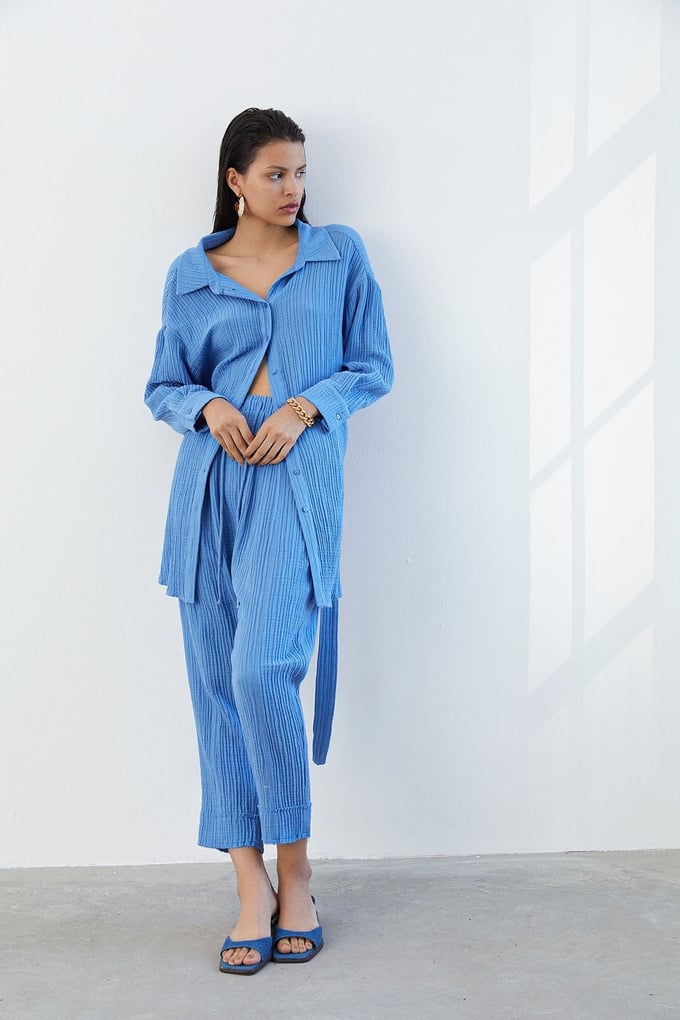 Dokulu İndigo Oversize Gömlek