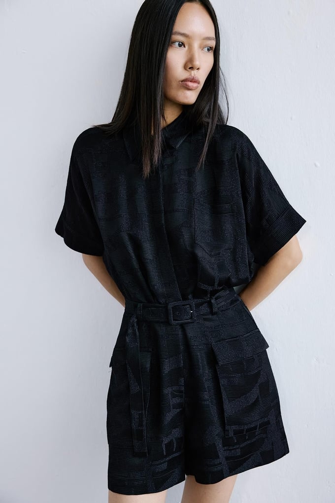 Textured Mini Black Jumpsuit