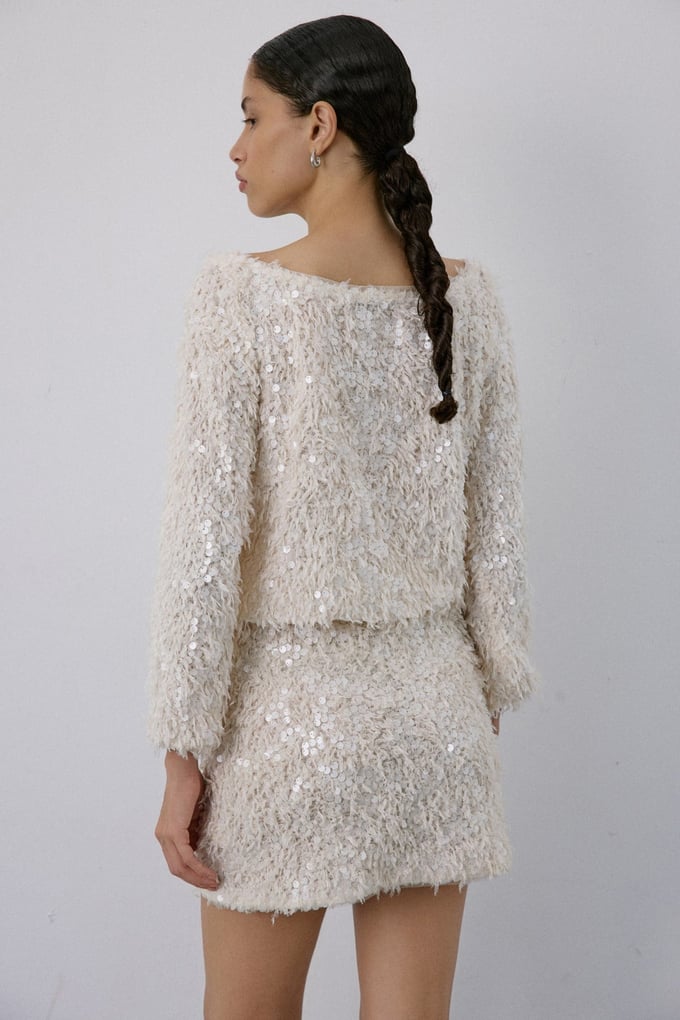 Textured Sequin Embroidered Mini Ecru Skirt
