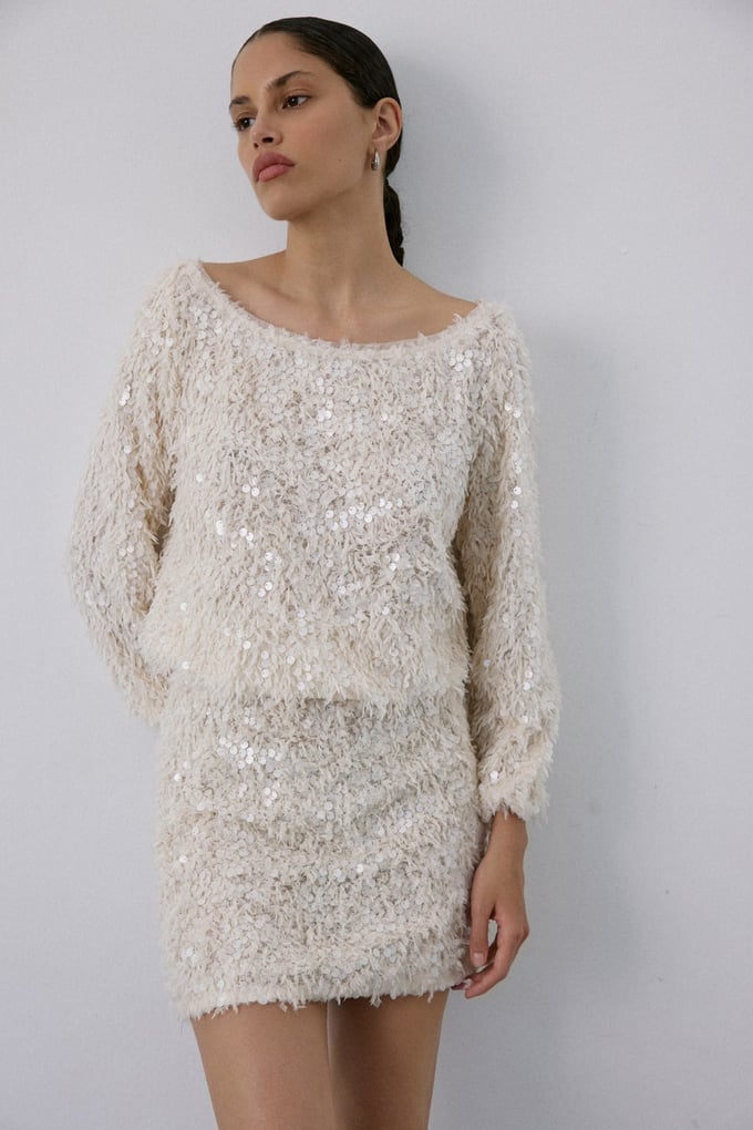 Textured Sequin Embroidered Mini Ecru Skirt