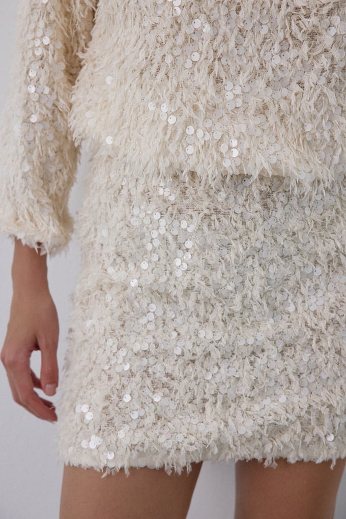 Textured Sequin Embroidered Mini Ecru Skirt