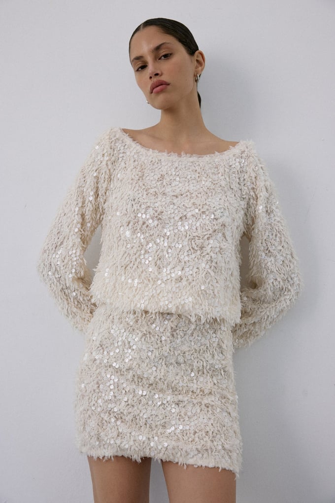 Textured Sequin Embroidered Mini Ecru Skirt