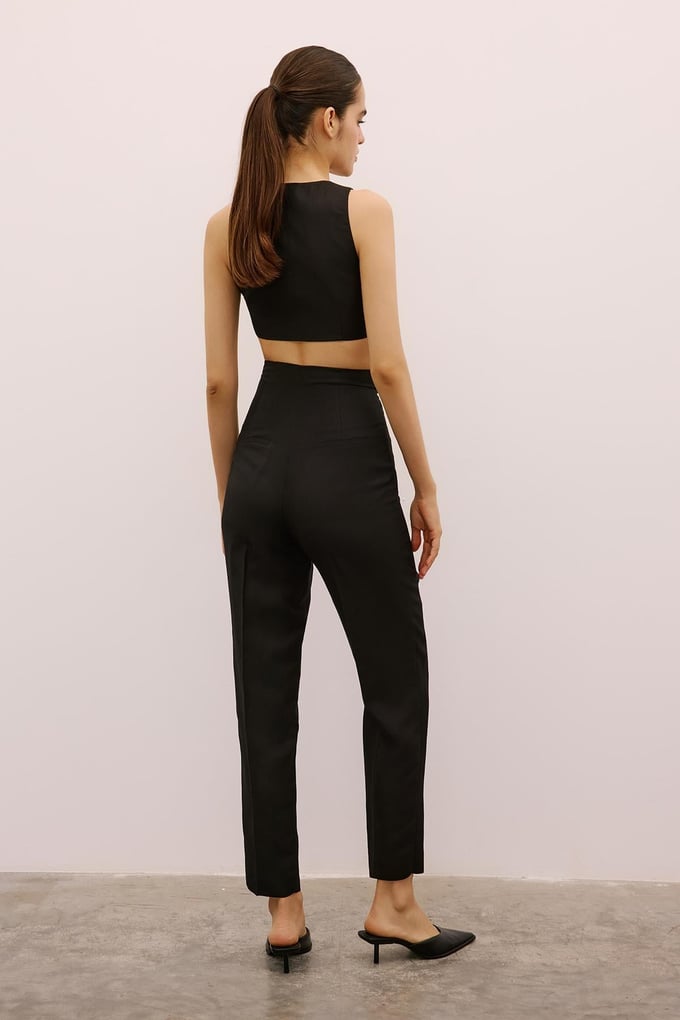 Woven Detailed High Waist Black Trousers