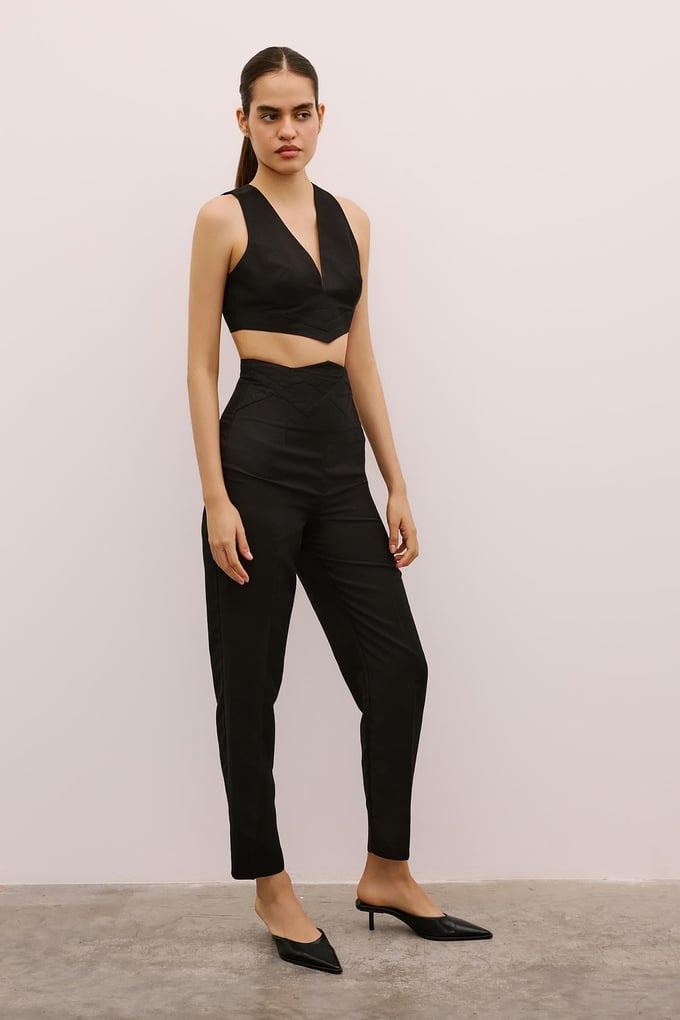 Woven Detailed High Waist Black Trousers