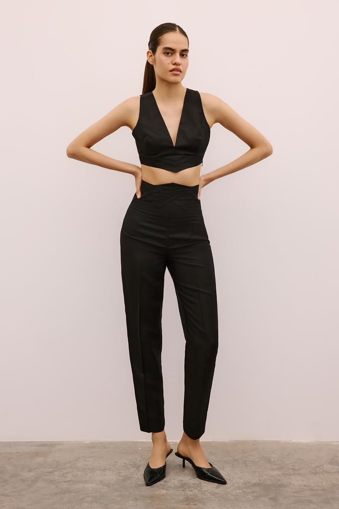 Woven Detailed High Waist Black Trousers