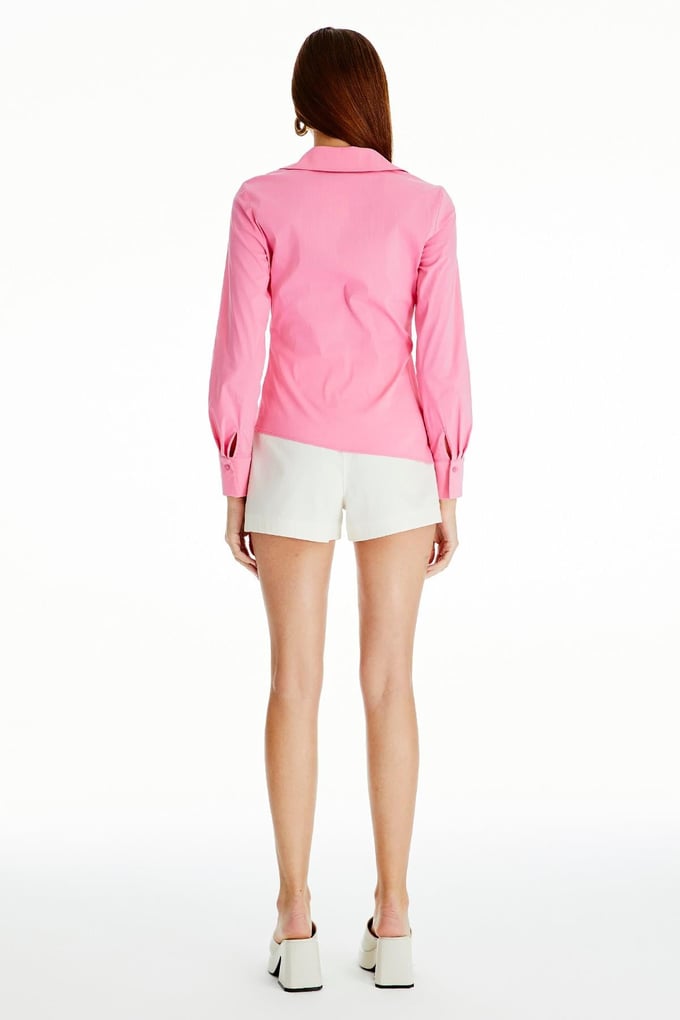 Drape Detaylı Pembe Asimetrik Gömlek