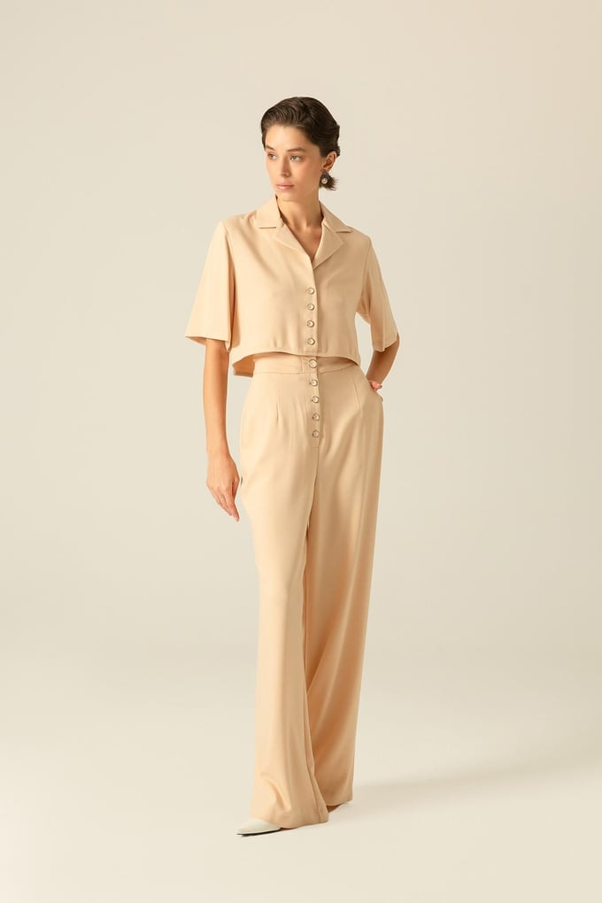 Button Detailed Beige High Waisted Beige Trousers