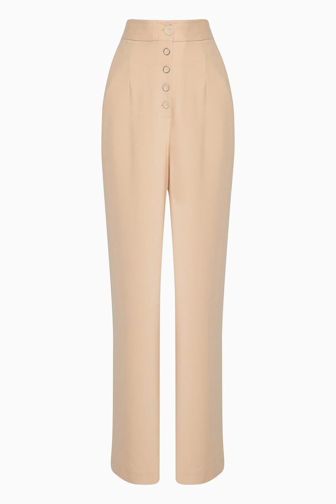 Button Detailed Beige High Waisted Pants