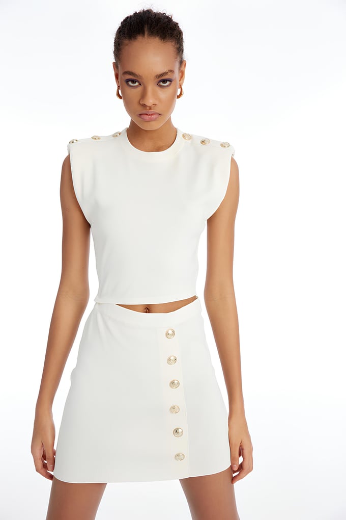 Düğme Detaylı Ekru Cut-Out Elbise