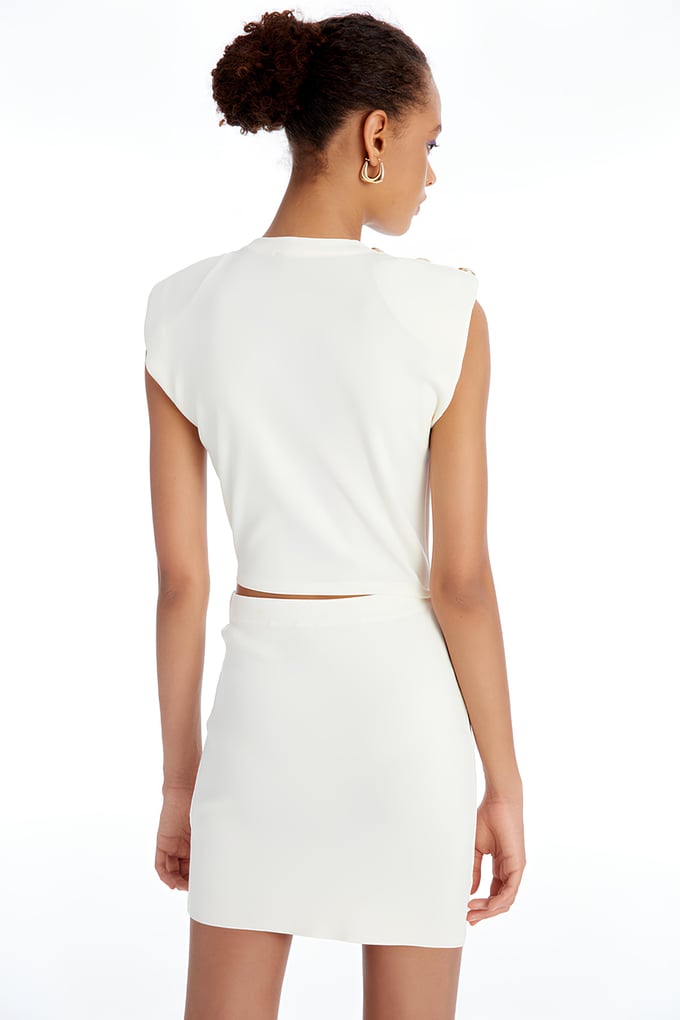 Düğme Detaylı Ekru Cut-Out Elbise