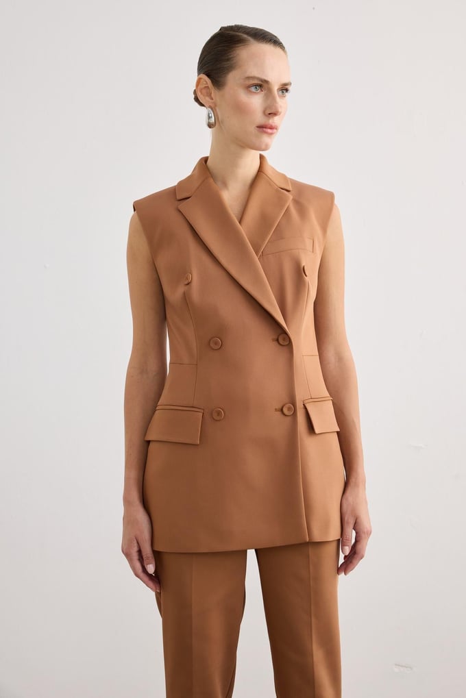 Button Detail Sleeveless Brown Vest