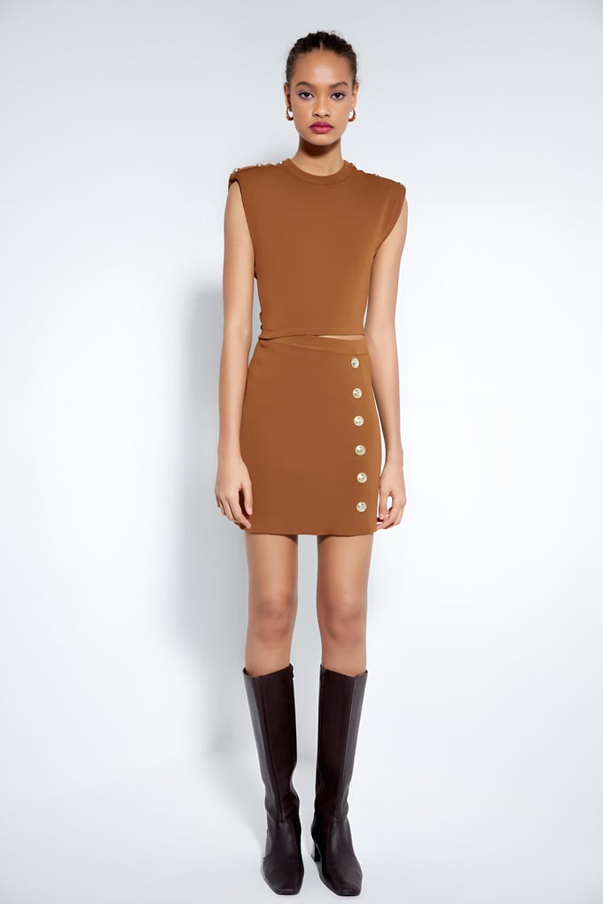 Düğme Detaylı Taba Cut-Out Elbise