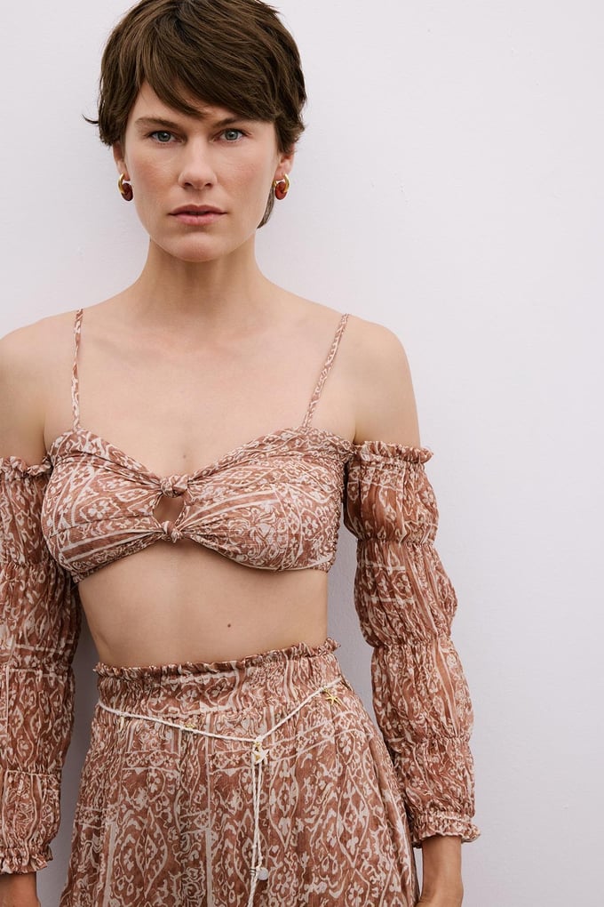 Off-Shoulder Camel Crop Bustier