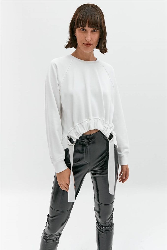 Ekru Büzgülü Sweatshirt