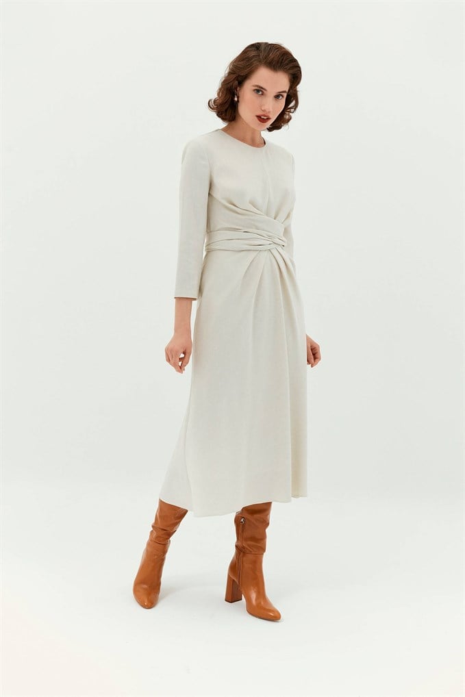 Ekru Midi Drape Elbise