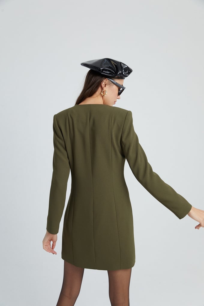Fermuar Detaylı Haki Blazer Elbise
