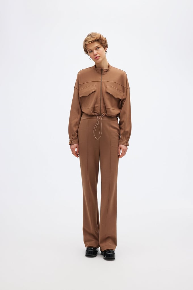 Fermuarlı Camel Crop Sweatshirt
