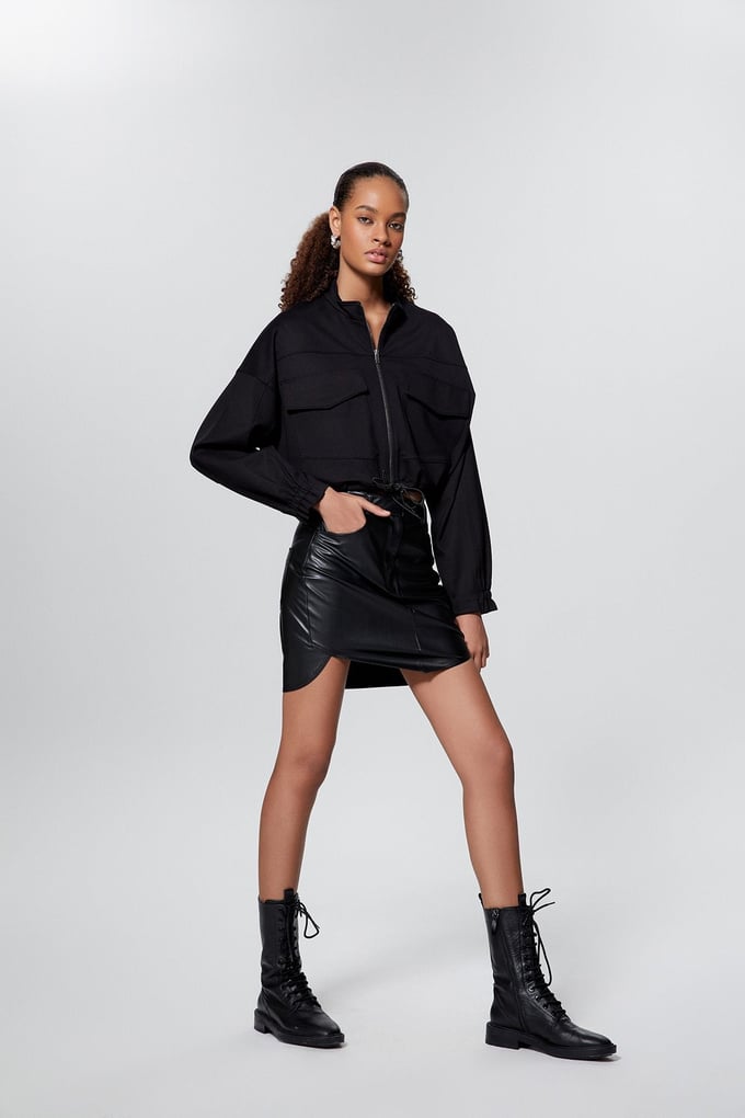 Fermuarlı Siyah Crop Sweatshirt
