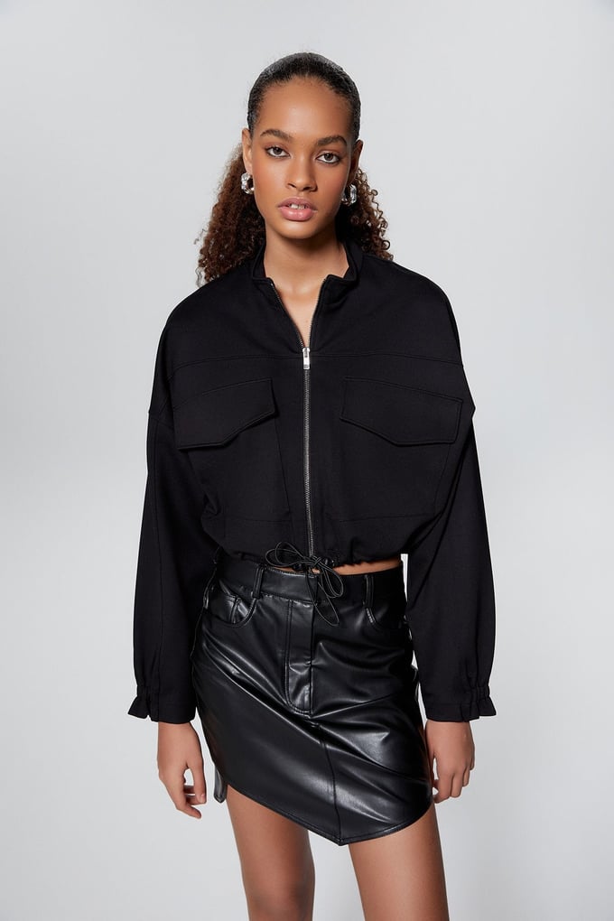 Fermuarlı Siyah Crop Sweatshirt