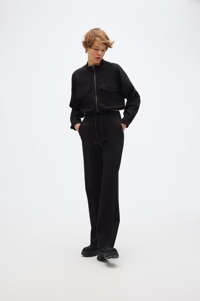 Fermuarlı Siyah Crop Sweatshirt