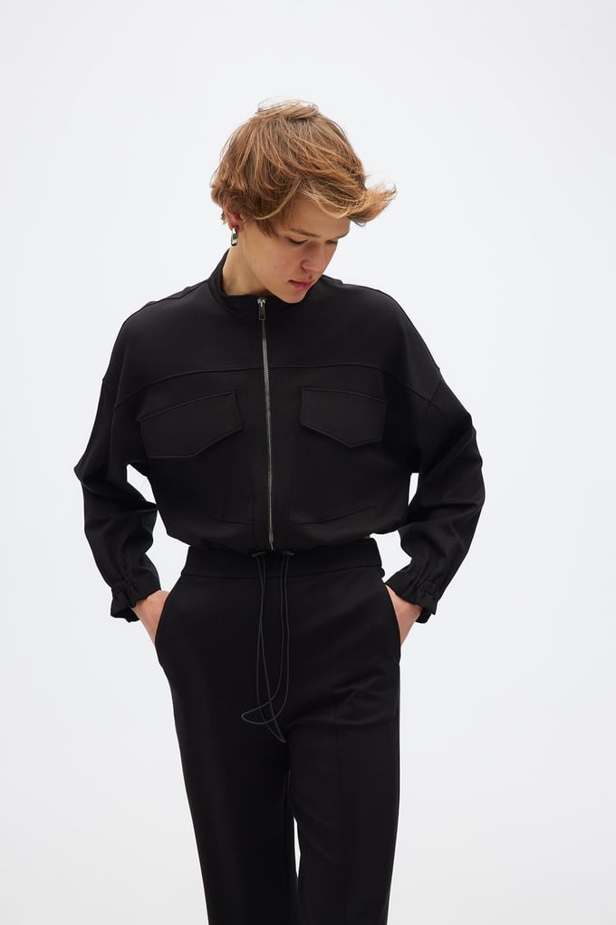 Fermuarlı Siyah Crop Sweatshirt