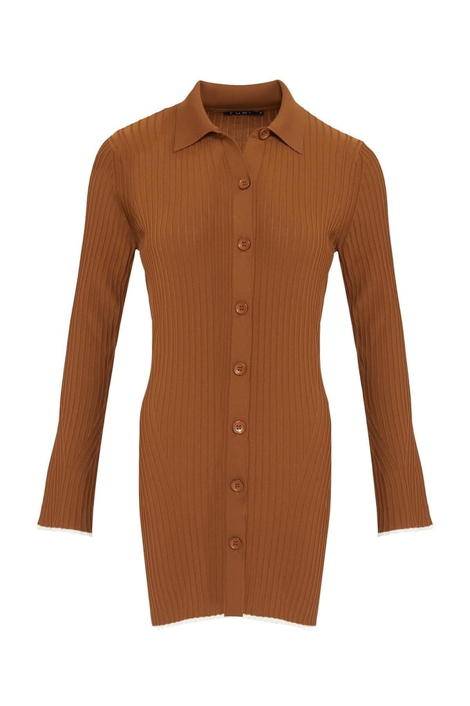 Ribbed Camel Long Knit Cardigan