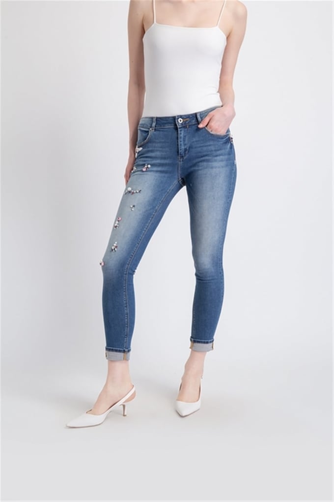 FRACOMINA KATY SUPER FIT JEANS WITH BEAD DETAIL STONEWASH