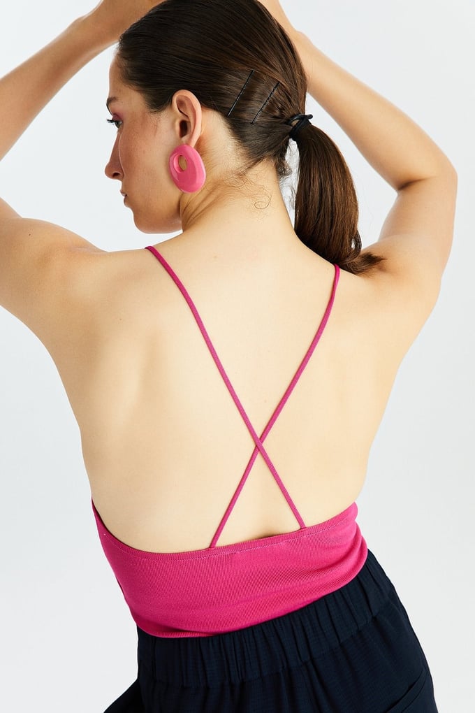 Fuşya Askılı Triko Crop Top