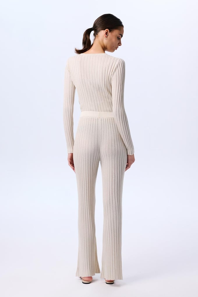 Wide Ribbed Glittery Knit Cream Trousers  