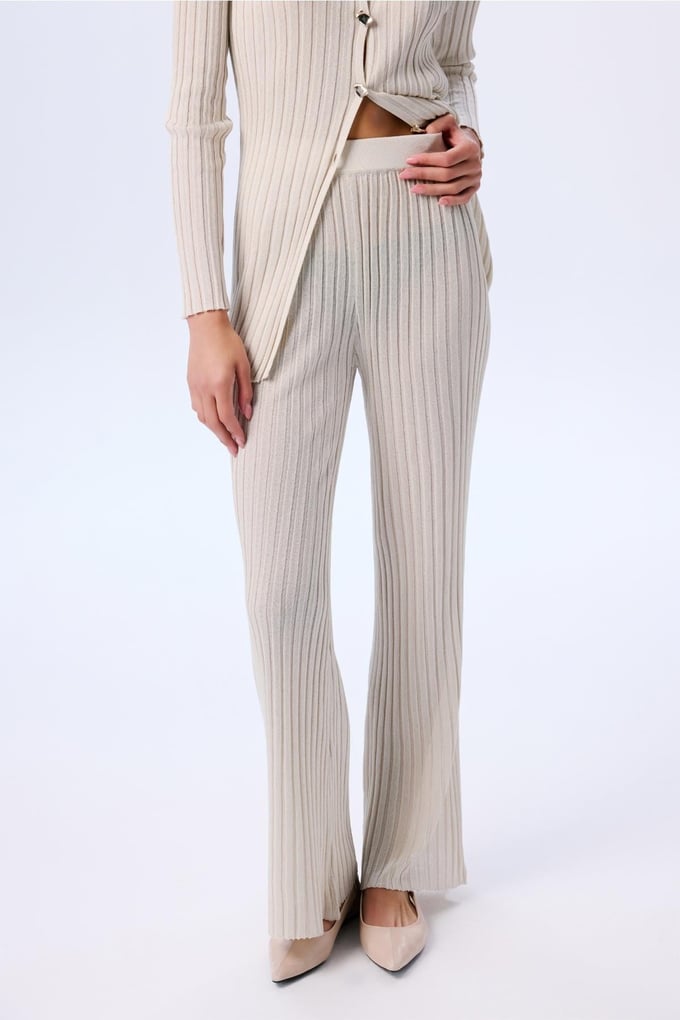Wide Ribbed Glittery Knit Cream Trousers  