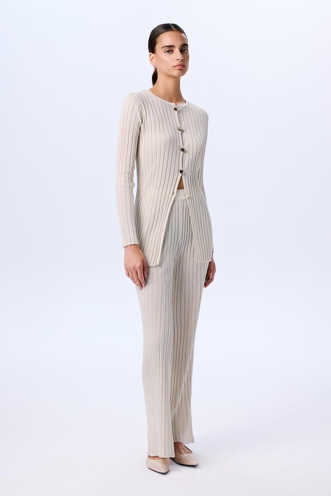 Wide Ribbed Glittery Knit Cream Trousers  