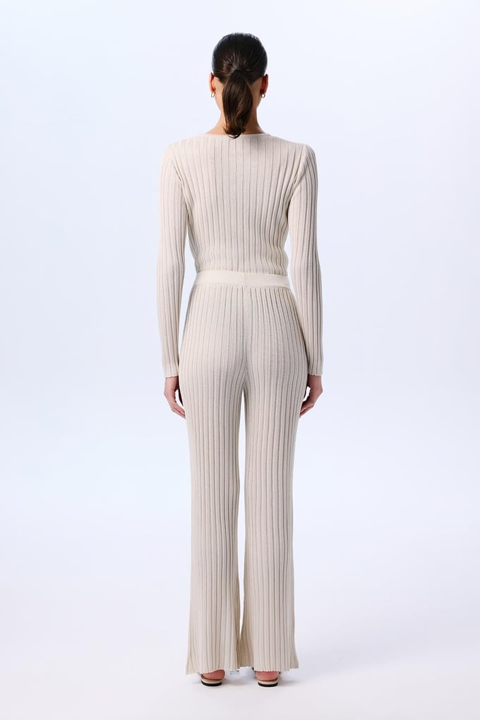 Wide Ribbed Glittery Knit Cream Trousers  