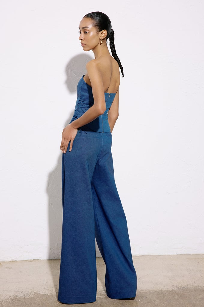 Geniş Paça Denim Dokulu Mavi Pantolon