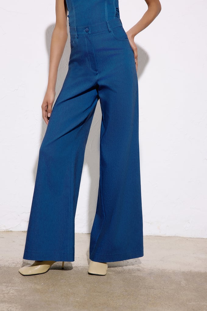 Geniş Paça Denim Dokulu Mavi Pantolon