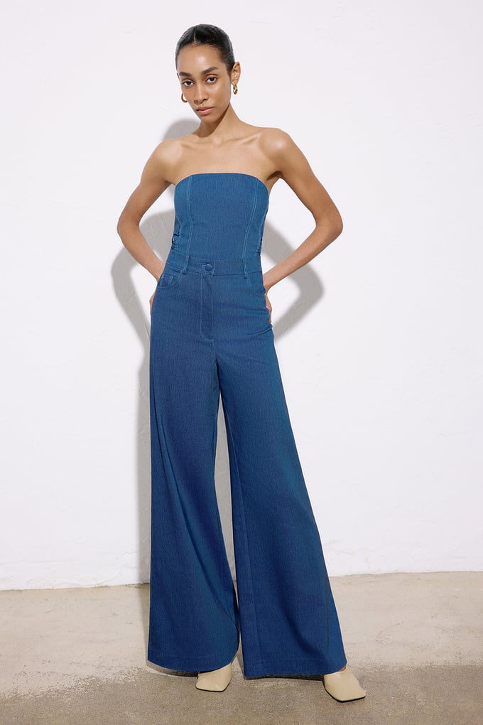 Geniş Paça Denim Dokulu Mavi Pantolon