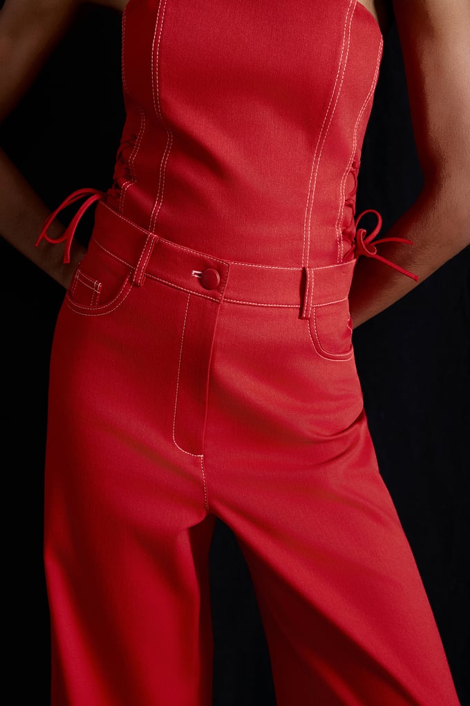 Geniş Paça Denim Dokulu Narçiçeği Pantolon