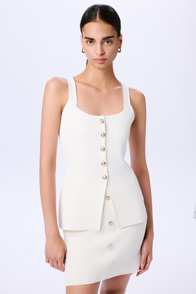 Gold Button Detailed Ecru Knit Vest  