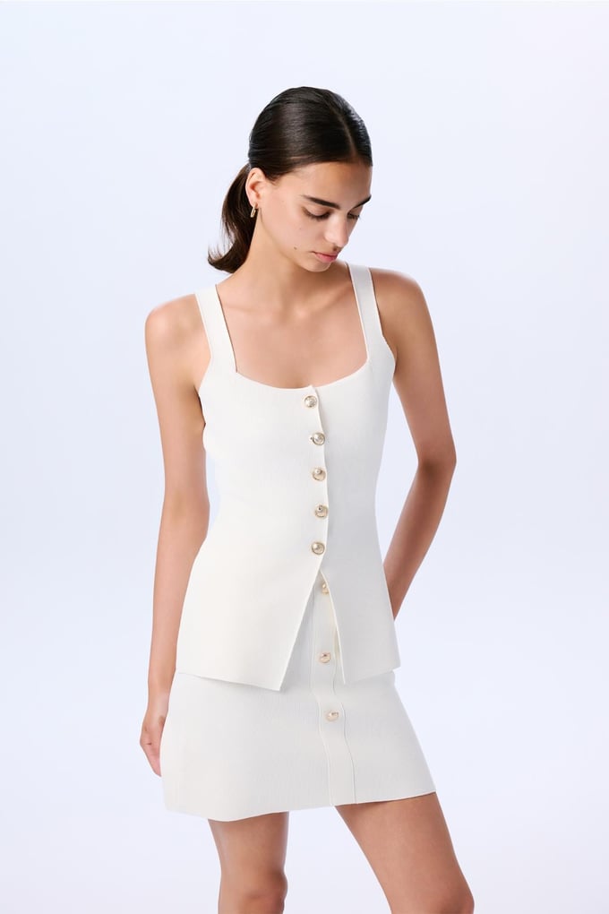Gold Button Detailed Ecru Knit Vest  