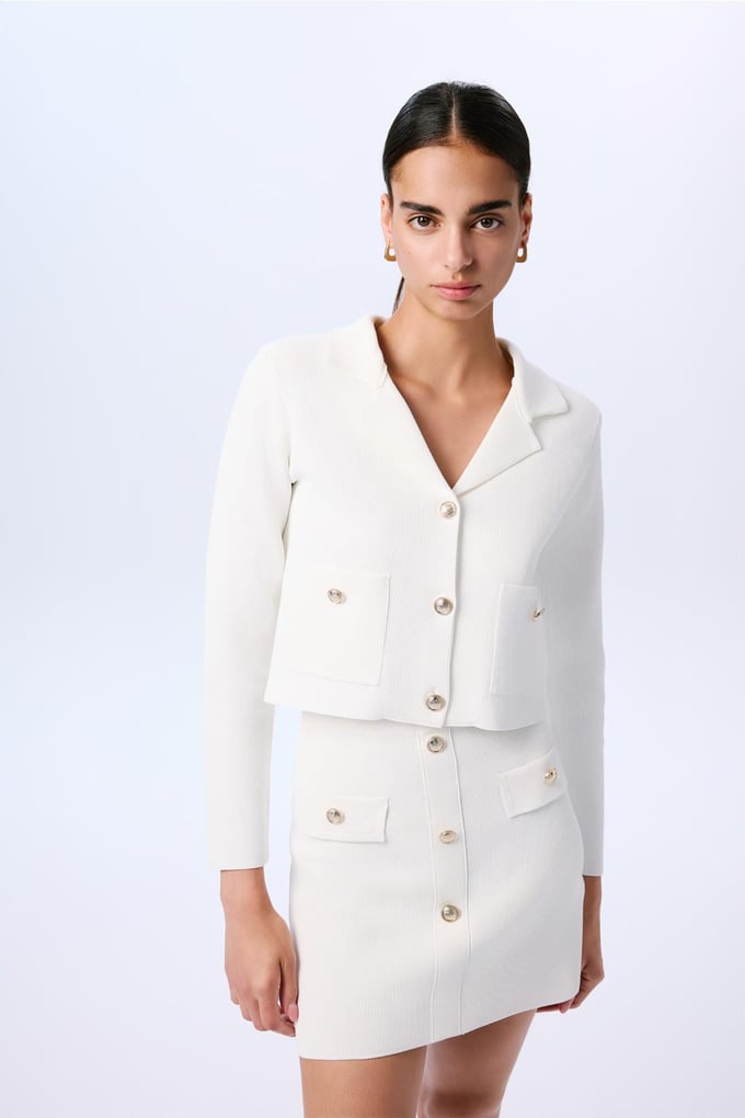 Gold Button Detailed Knit Ecru Crop Jacket  