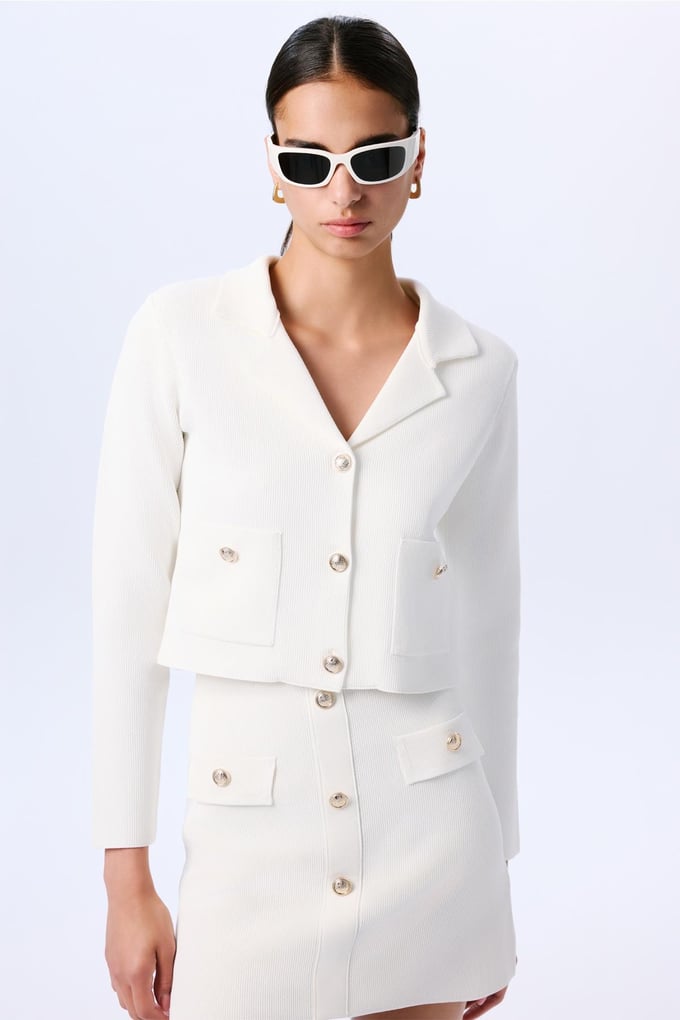 Gold Button Detailed Knit Ecru Crop Jacket  