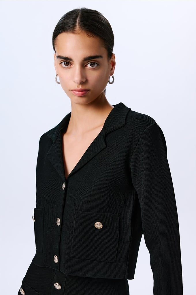 Gold Button Detailed Knit Black Crop Jacket  
