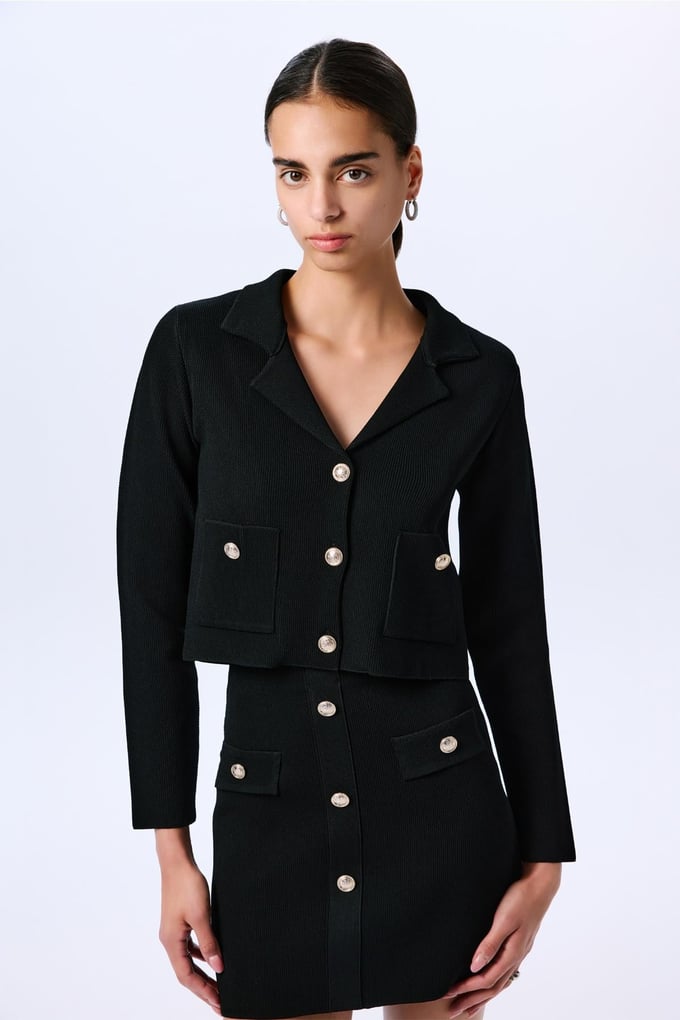 Gold Button Detailed Knit Black Crop Jacket  
