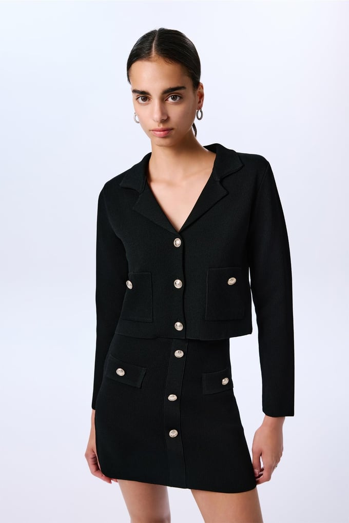 Gold Button Detailed Knit Black Crop Jacket  