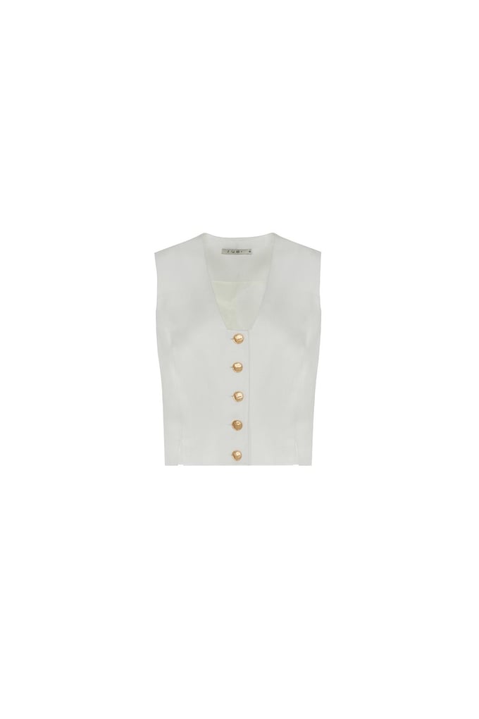 Gold Düğme Detaylı V Yaka Ekru Crop Yelek