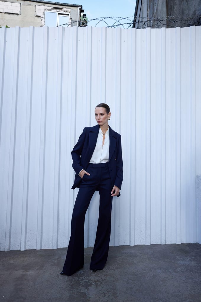 Gold Buttoned Midi Length Navy Blue Wool Coat