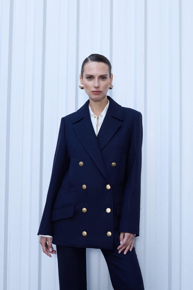 Gold Buttoned Midi Length Navy Blue Wool Coat