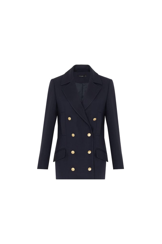Gold Buttoned Midi Length Navy Blue Wool Coat